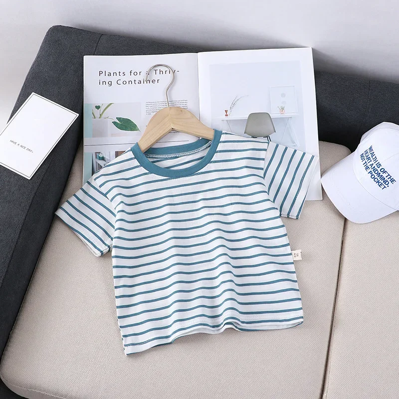 Solid Casual Striped Boys Girls T-shirt 2022 Spring Summer O-neck Comfortable All-match Cotton Kids Pullover Shirt 2-6 Years Old