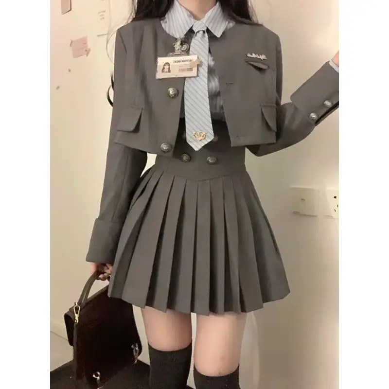 Autumn Spicy Girl Academy Style JK Uniform Women Suit Stripe Shirt Short Suit Coat High Waist Pleated Skirt Set Three Piece Set