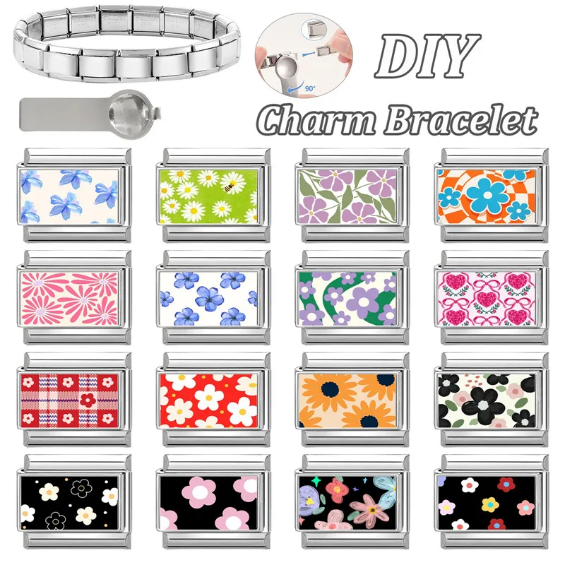 New Creative Flowers Series Cherry Heart Tulip Italian Charm Links Fit 9mm Stainless Steel Bracelet Women Men DIY Making Gift