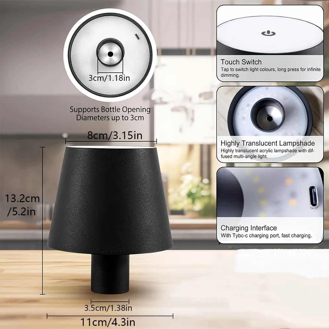 Cordless LED touch table lamp USB rechargeable table lamp dimmable suitable for bar restaurant atmosphere hotel bedroom coffee s image 5