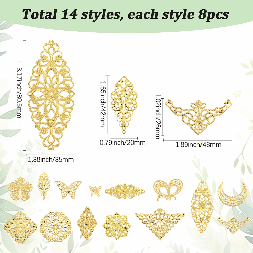 14Styles 112Pcs Filigree Connector Charms Gold Filigree Charms Metal Flower Butterfly Moon Corner Protector Links Embellishments