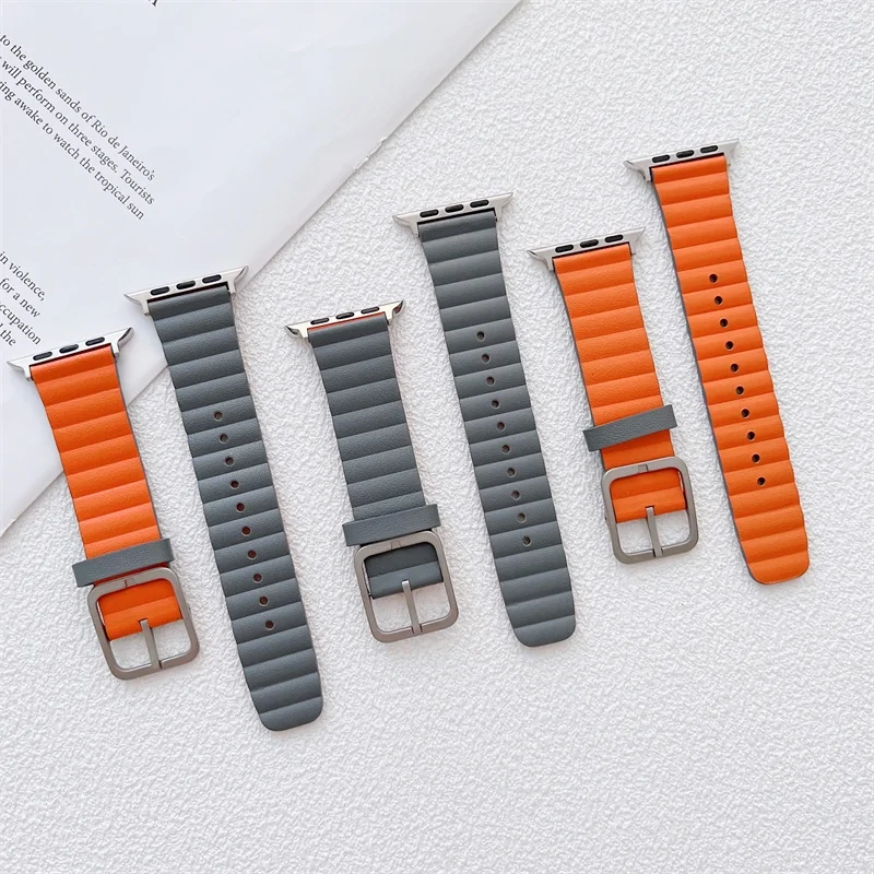 Double Color Square Buckle Leather Watch Strap for Apple Watch Series 7/6/5/4/se/3/2/1  Stylish Simplicity apple watch strap