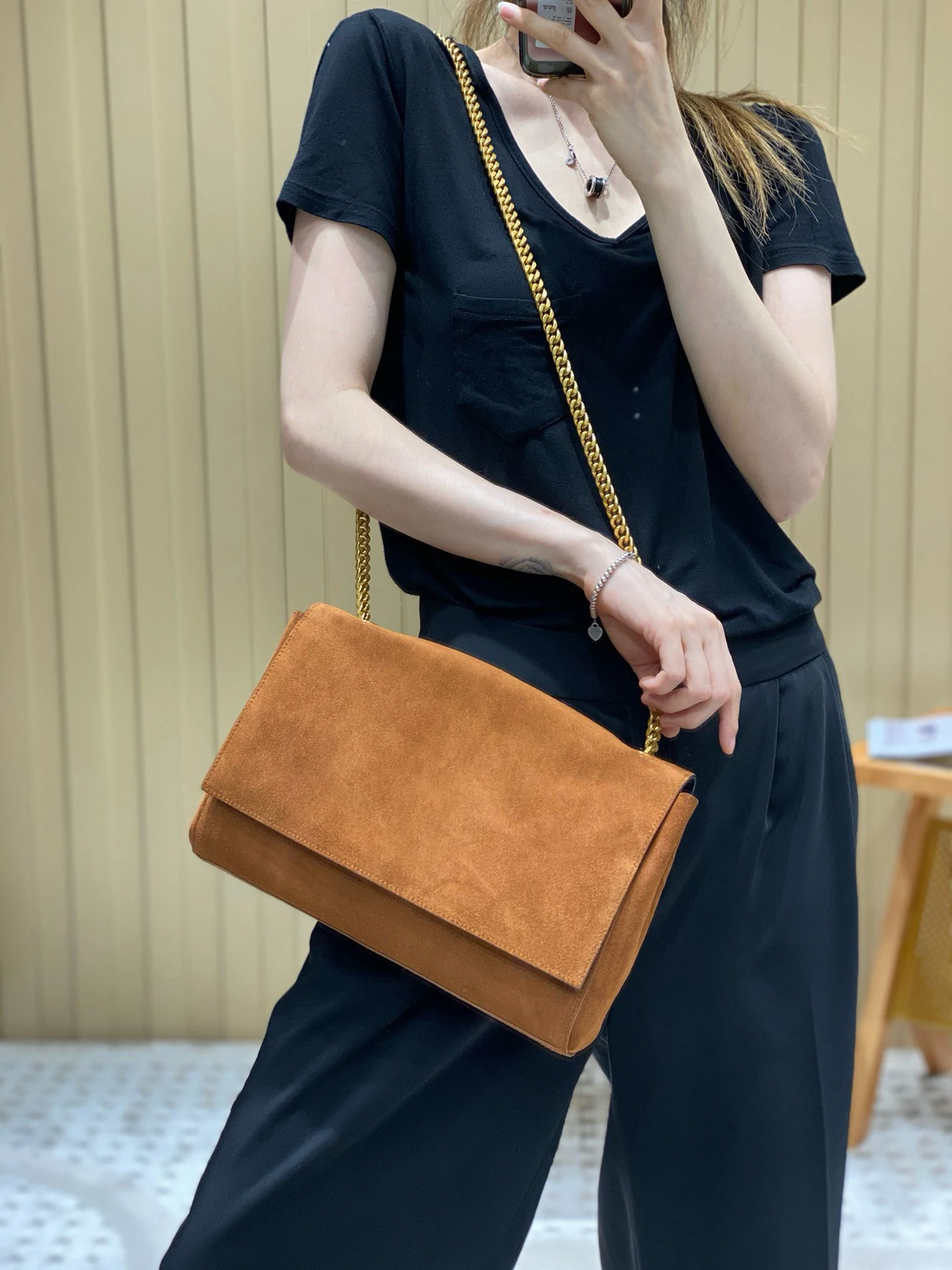 

HS Dual-Sided Suede Leather Soft Handbag with Sliding Chain Strap Reversible Feature - Unique Style with Matching Leather Lining