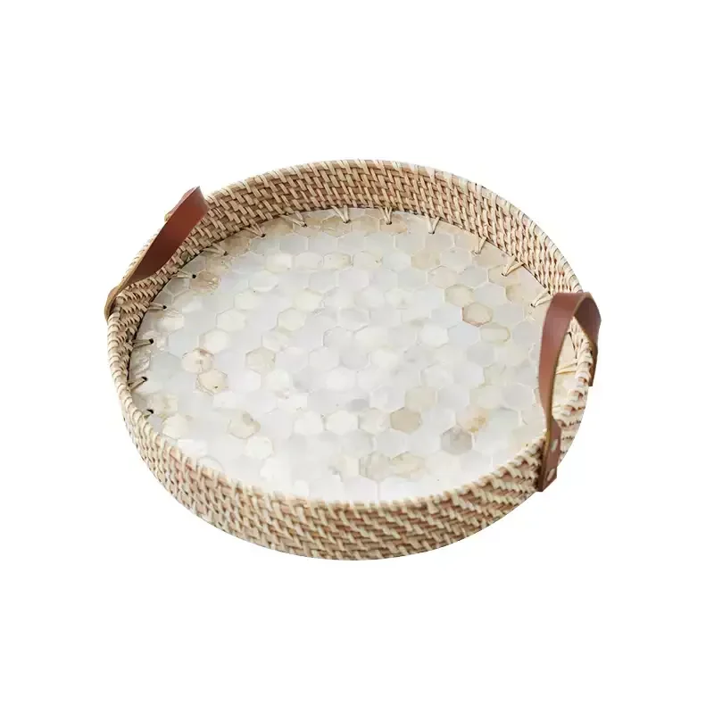 

French Cream Wind Natural Shell Tray Fruit Basket Bread Basin, Handmade Rattan Storage Tray Home Storage Tray