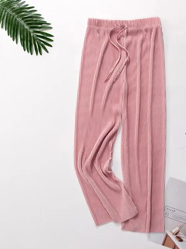 الربيع الصيف رقيقة مطوي السراويل الشيفون مستقيم الساق عارضة السراويل غير المتكافئة الشارع Sle l الخصر مطاطا بوليست... #4