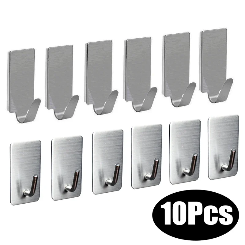 1/10Pcs Self Adhesive Hook Stainless Steel Heavy Wall Hanger Hook Bathroom Organizer Towel Rack Multi-purpose Kitchen Rack Shelf