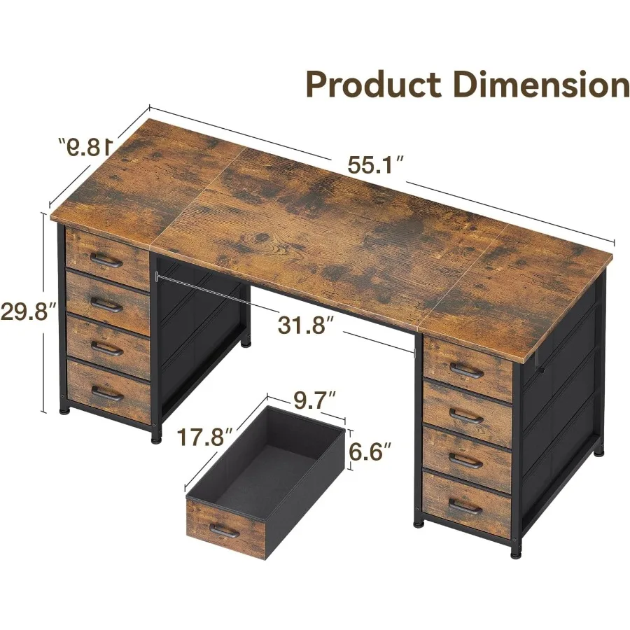 مكتب كمبيوتر مقاس 55 بوصة مع 8 أدراج قماش لدراسة المكاتب المنزلية الحديثة وإعداد الألعاب يتميز بسعة تخزين كبيرة و #3