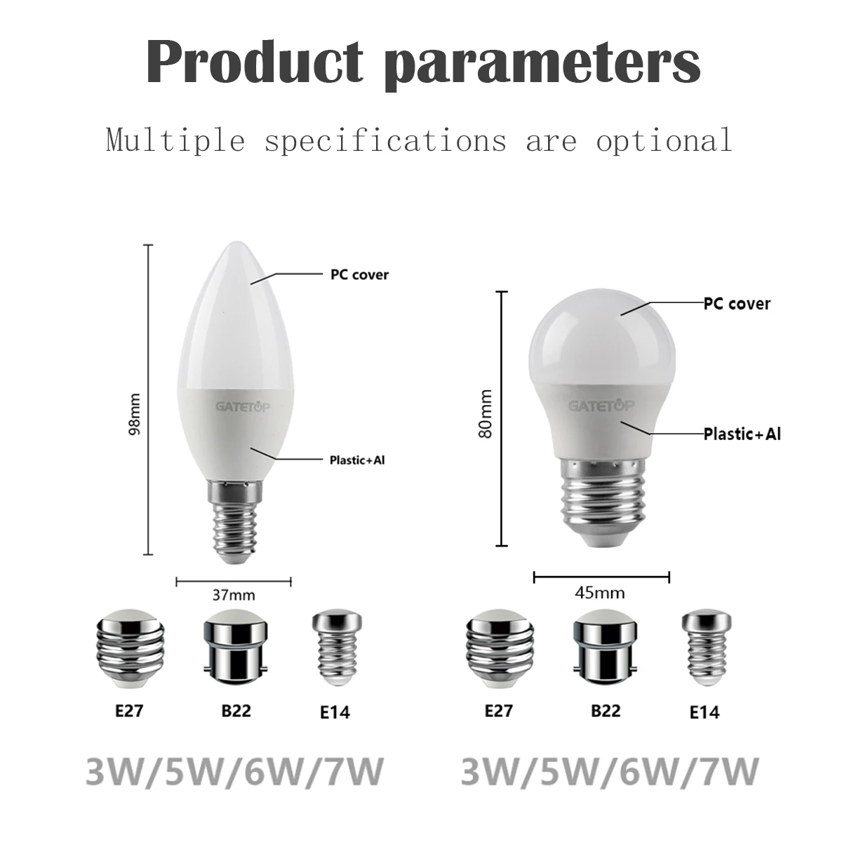 LED candle light mini bulb C37 G45 AC3P 110V AC220V E14 E27 B22 light head flicker-free 3W-7W suitable for office study lighting