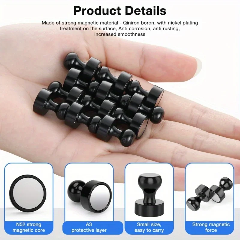 Black Neodymium Magnetic Push Pins - Strong Refrigerator & Whiteboard Magnets for Office, Kitchen & Map Use image 4