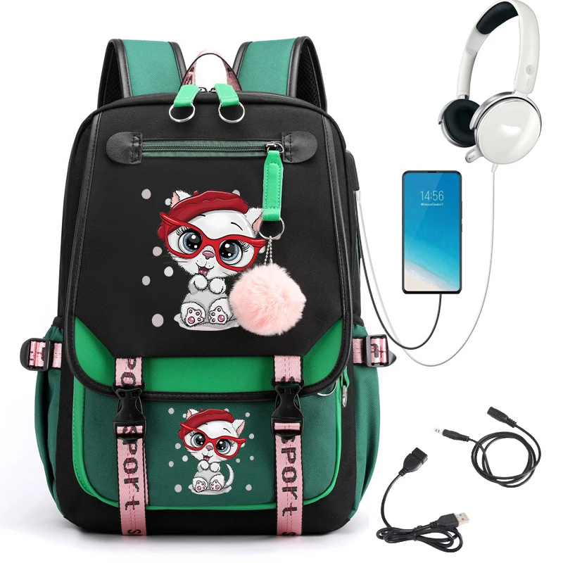 Leuke Schooltas Voor Studenten Waterdichte Rugzak Meisjes Cartoon Kitten Print Anime Reizen Bagpacks Usb Boekentas Mochila