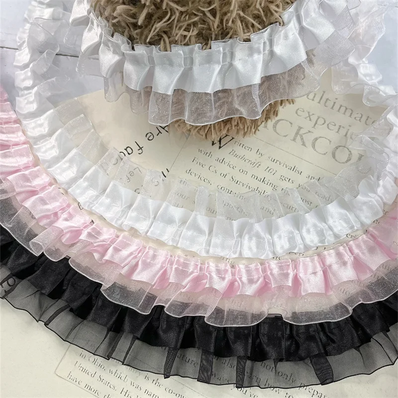 4CM Wide Double Layers White Black Pink Pleated Lace Fabirc Ribbon Needlework Ruffle Trim Lolita Dress Apparel DIY Sewing Decor