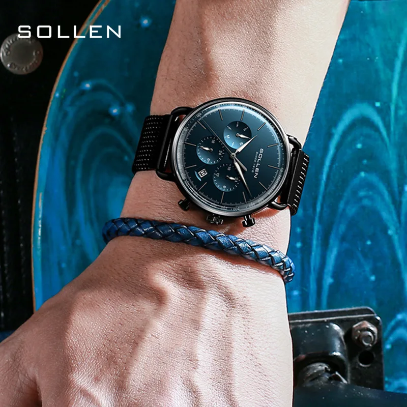 SOLLEN الفاخرة المستوردة ميوتا كوارتز ساعة يد تعمل بالحركة للرجال الراقية 316L الفولاذ المقاوم للصدأ تاريخ موضة ساعات رجالي Relogio