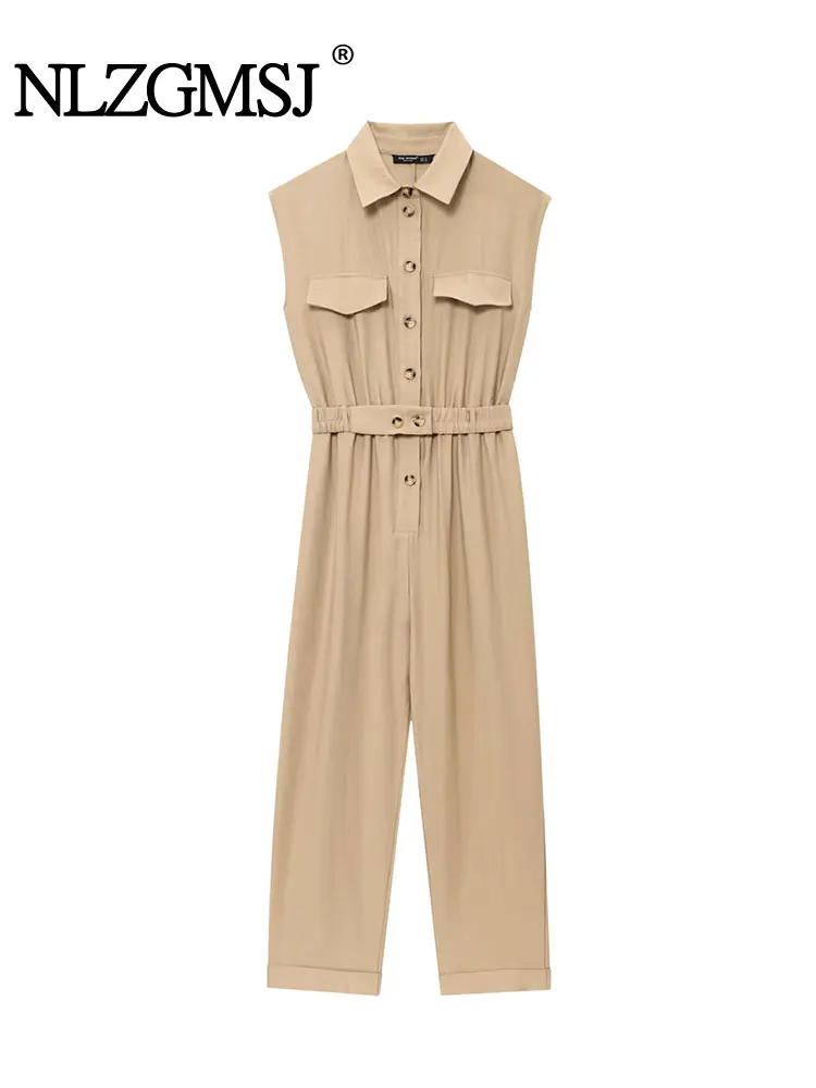 

2025 Summer Vintage Casual Chic Women Jumpsuits Solid Sleeveless Belt Wide Leg Bodysuits Fashion Jumpsuit
