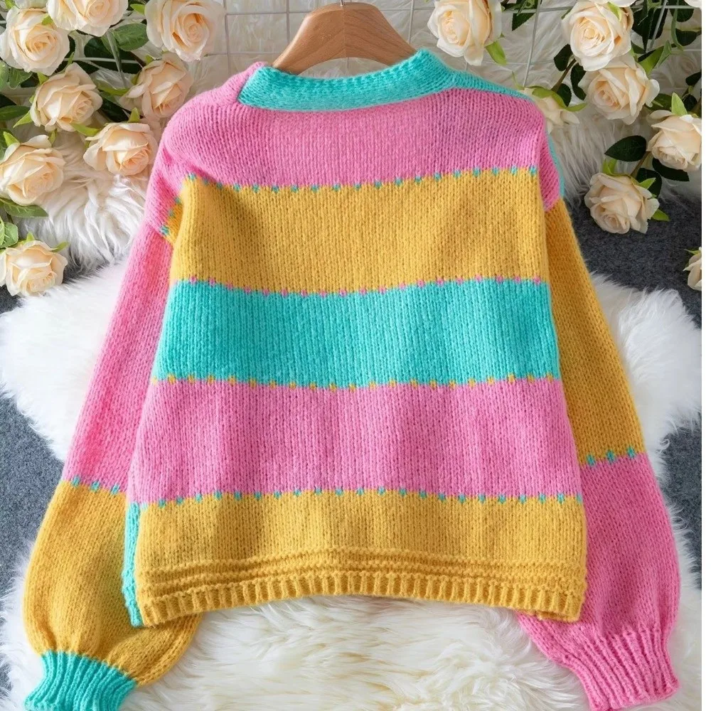 Fashion Autumn Winter Women Cardigan Lantern Sleeves Loose Knitwear Cardigan Casual Warm Colorful Cardigan Daily Wear