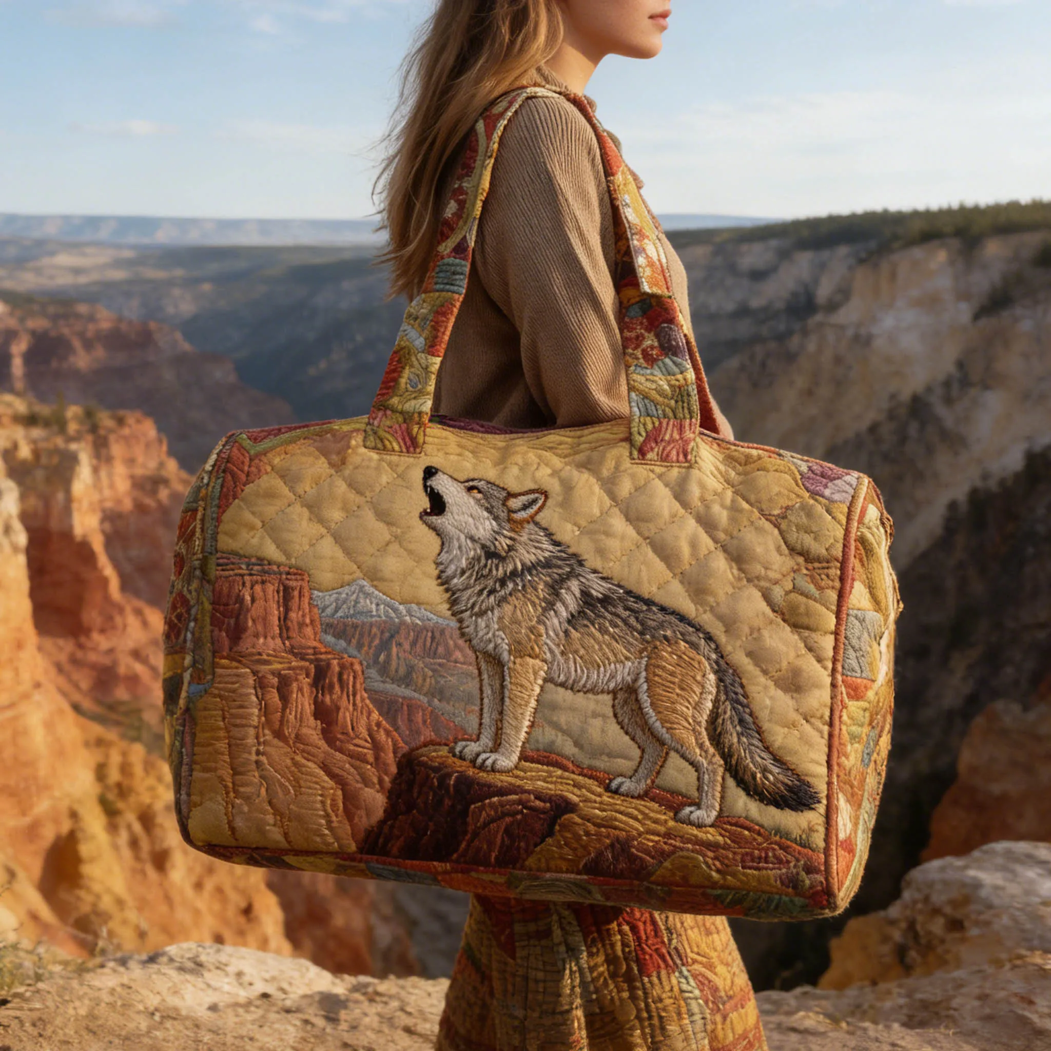 

Unisex Large Capacity Quilted Tote Bag Howling Wolf Wilderness Print Shoulder Bag Durable Handbag for Travel Daily Commute