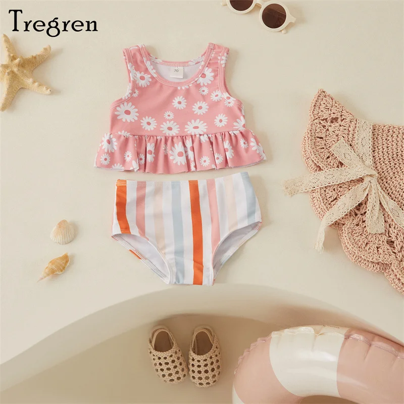 

Tregren Toddler Baby Girl Two Piece Swimsuits Summer Sleeveless Round Neck Daisy Tops + Striped Bikini Bottom Set Bathing Suit