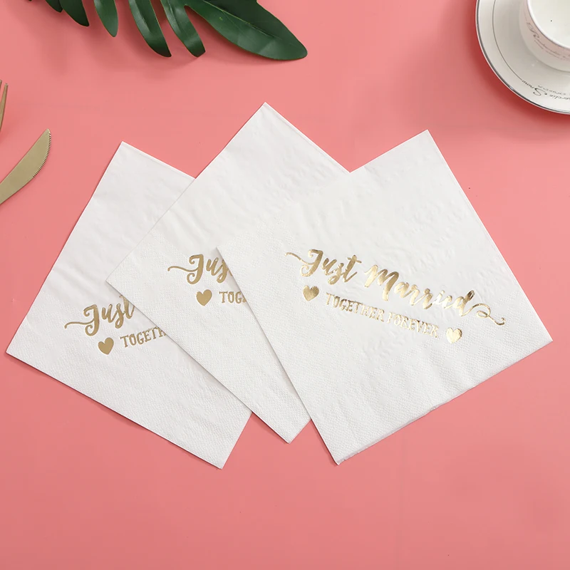 Personalized Just Married Wedding Napkins（16pcs）Rehearsal Dinner Engagement Party Custom Bar Napkins Pink Blue Fol Gold Color