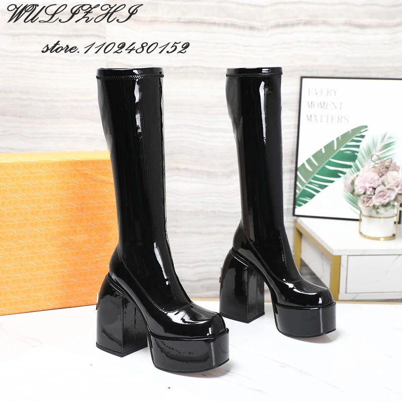 Black Matte Tight Knee Stretch Boots Women Platform Spring Dress Square Calf Booties Elegant White Mirror Shiny Leather Shoes