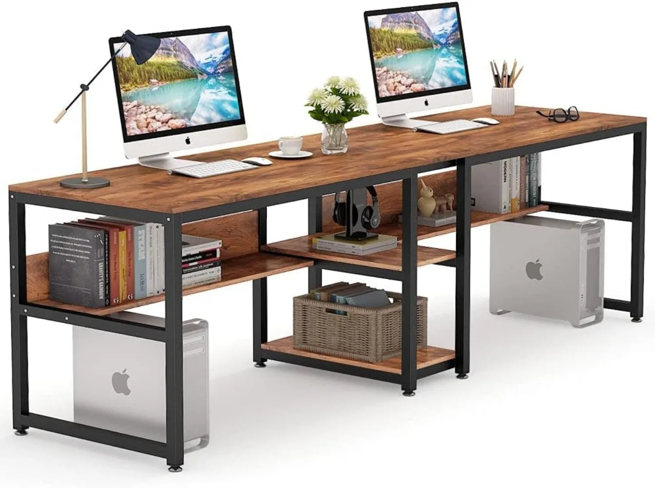 

Two Person Desk W/ Bookshelf,Computer Office Double Desk Fr Two Person, Rustic Writing Desk Workstation W/ Shelf for Home Office