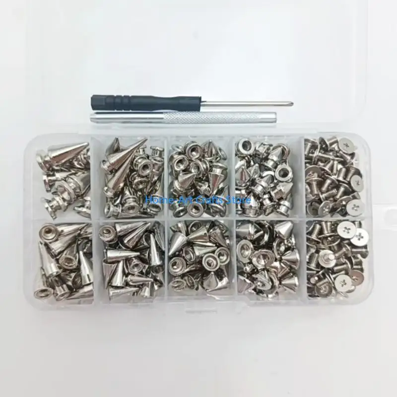 Y3NA 354Pcs Punk Spikes and Studs 8 Size Cone Spikes Metal Tree Spikes Studs for Leather Craft Clothing Craft Decoration