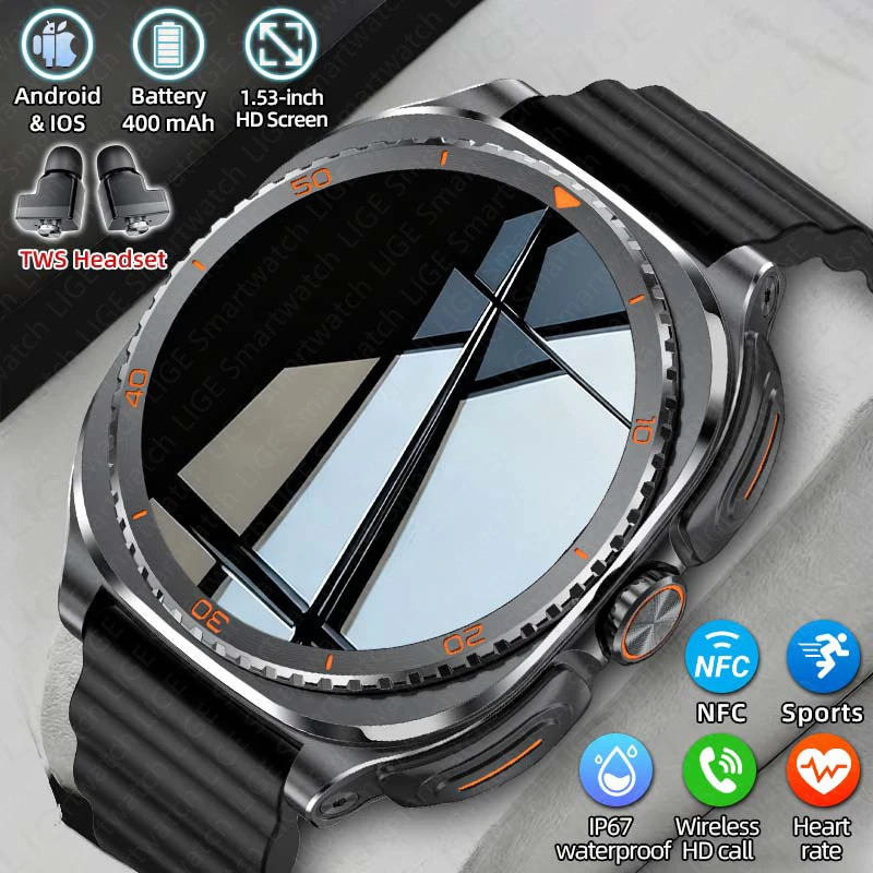 New Smart Watch with Wireless Earphones BT Call NFC 1.53