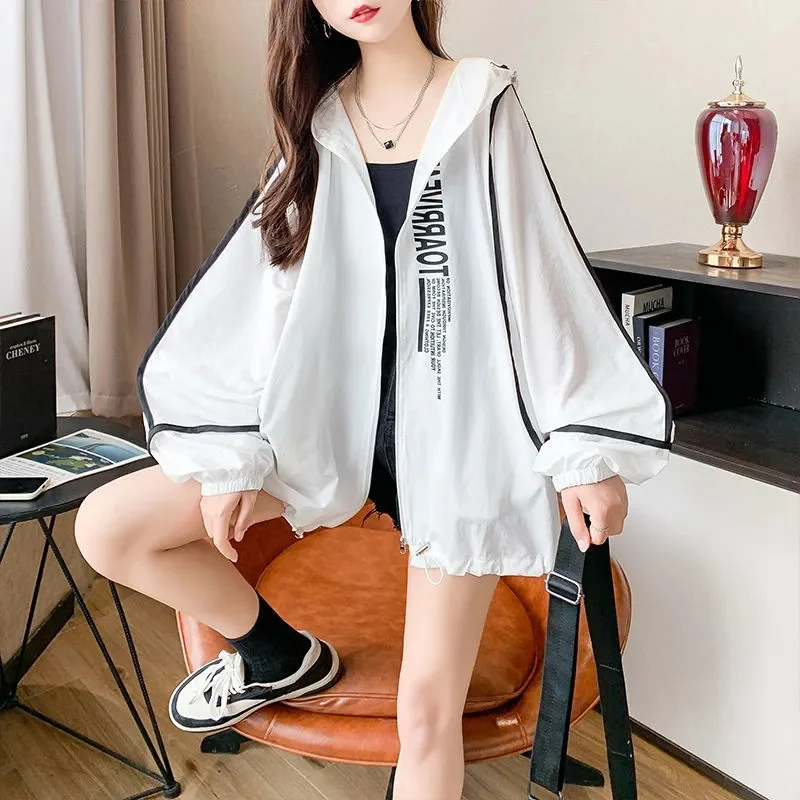 2024 New Korean Fashion Oversized Long Sleeve Hooded Jacket Women Thin Coat Summer Jacket Beach Outdoor Sun Protection Clothing