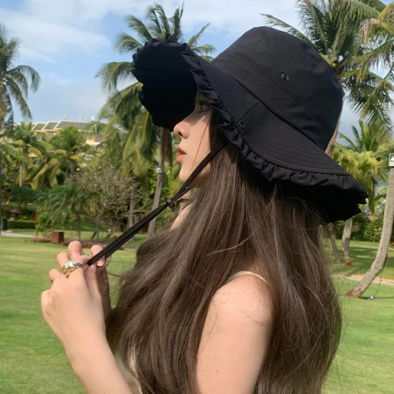Cute Ruffle Edge Big Brim Pink Bucket Hats Women Summer Outdoor Mountaineering Camping Sun Protection Retro Western Cowboy Cap