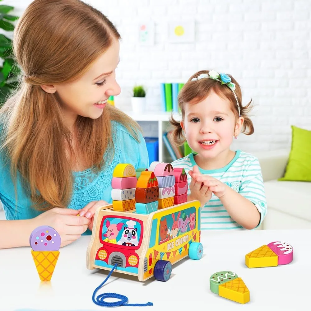 Camion de crème glacée en bois, jouet de crème glacée 27 pièces pour enfants, salon de crème glacée enfants en bois avec roues mobiles et magnétiques