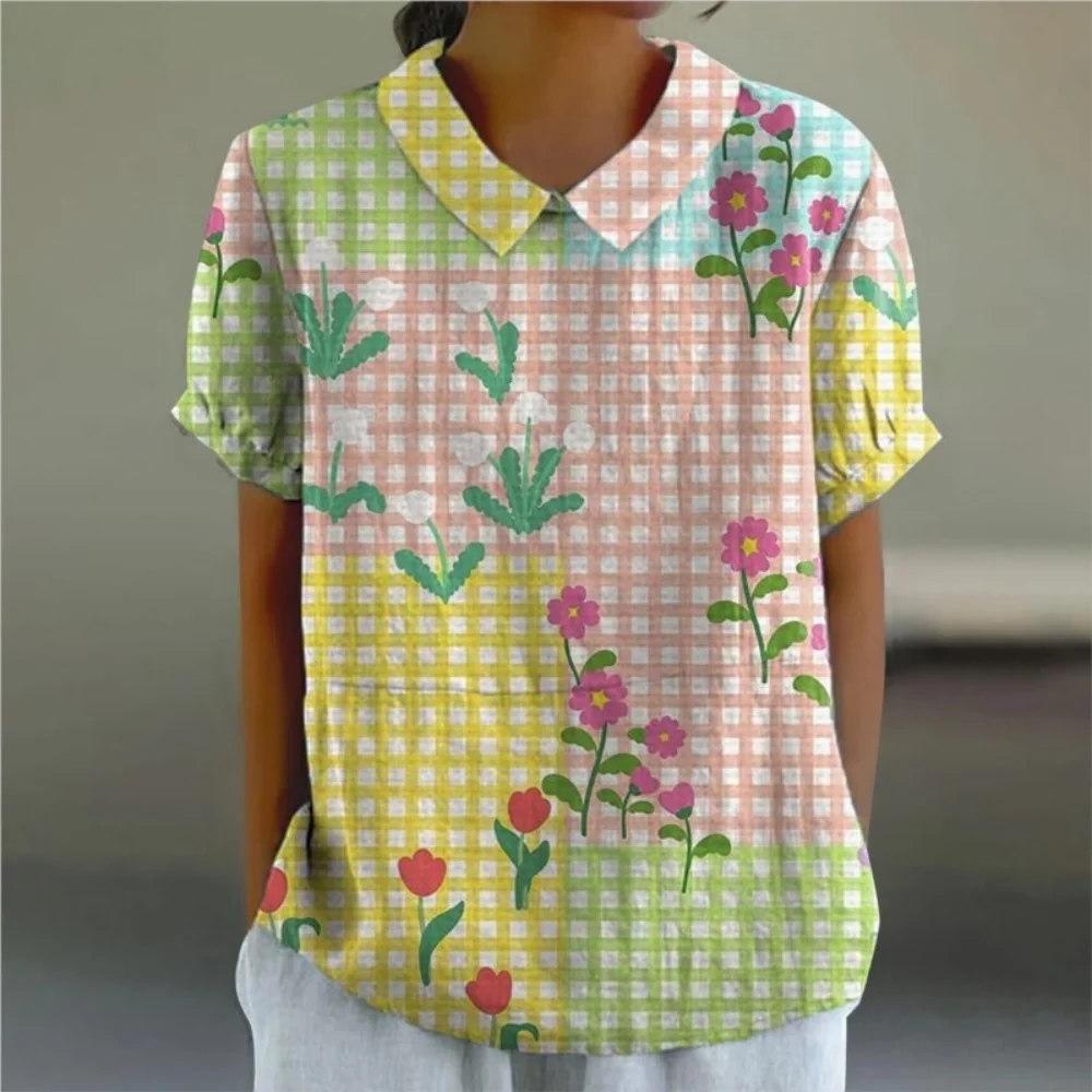 

Lightweight Linen Shirt Floral Print Women's Casual Blouse for Office Vacation Short Sleeve Lapel Pullover Tops with Loose Fit