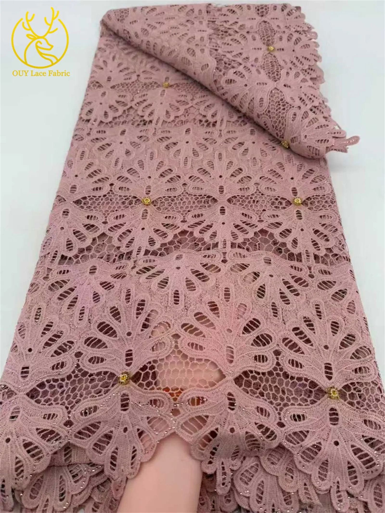 2026 Neuester afrikanischer wasserlöslicher Spitzenstoff, 5 Yards, nigerianischer Steinstoff, geeignet für Damen-Partykleider, Nähmaterial – Detail 8