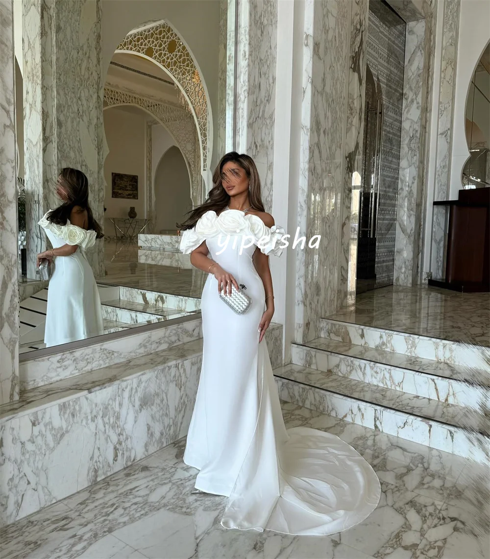 Customized Intricate Matching Jersey Handmade Flower Pleat Ruched Mermaid Off-the-shoulder Long Dresses Bespoke Occasion Dresses
