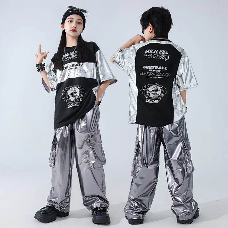 Hip Hop Girls Streetwear Sequin Crop Top Street Dance Skirts Shorts Kids Jazz Hoodies Silver Pants Child K-pop Stage Clothes Set