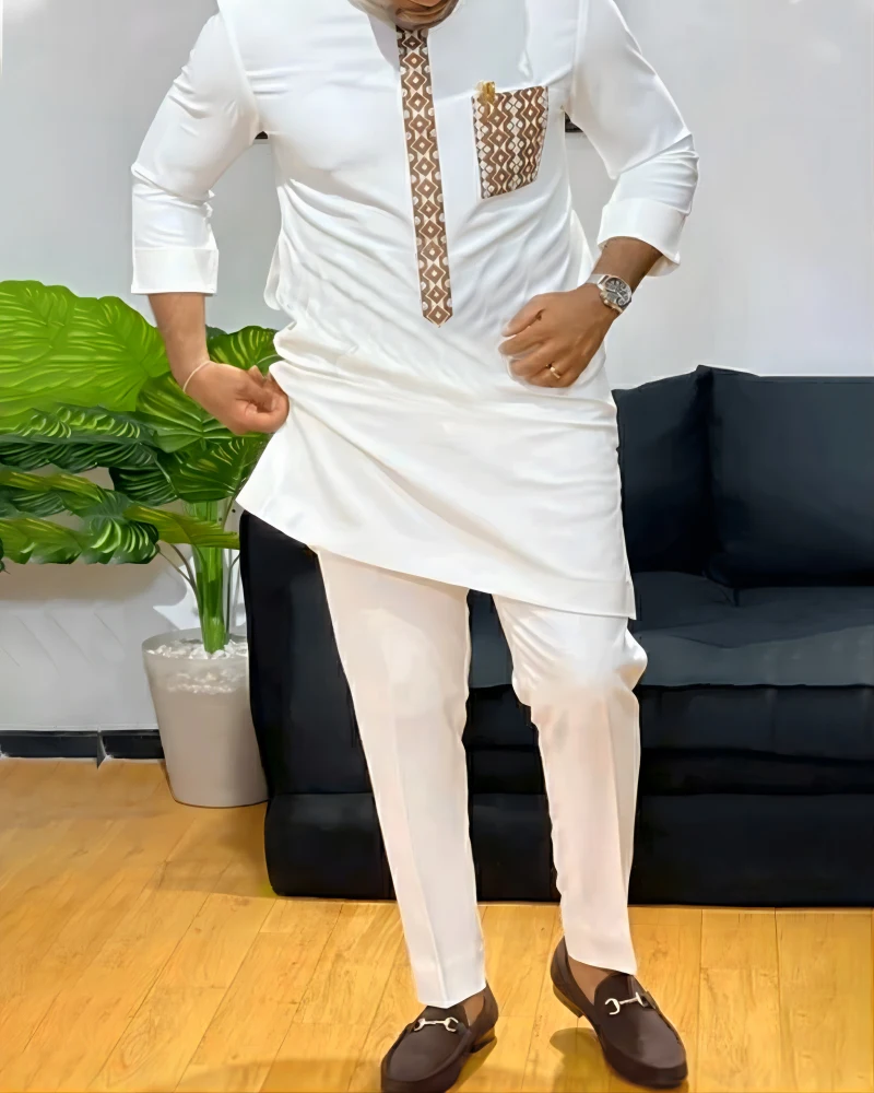 Summer Kaftan 2-Piece Embroidered Men's Suit Crewneck Pocket Long-Sleeved Shirt Trousers Wedding Ethnic Style Casual Clothing