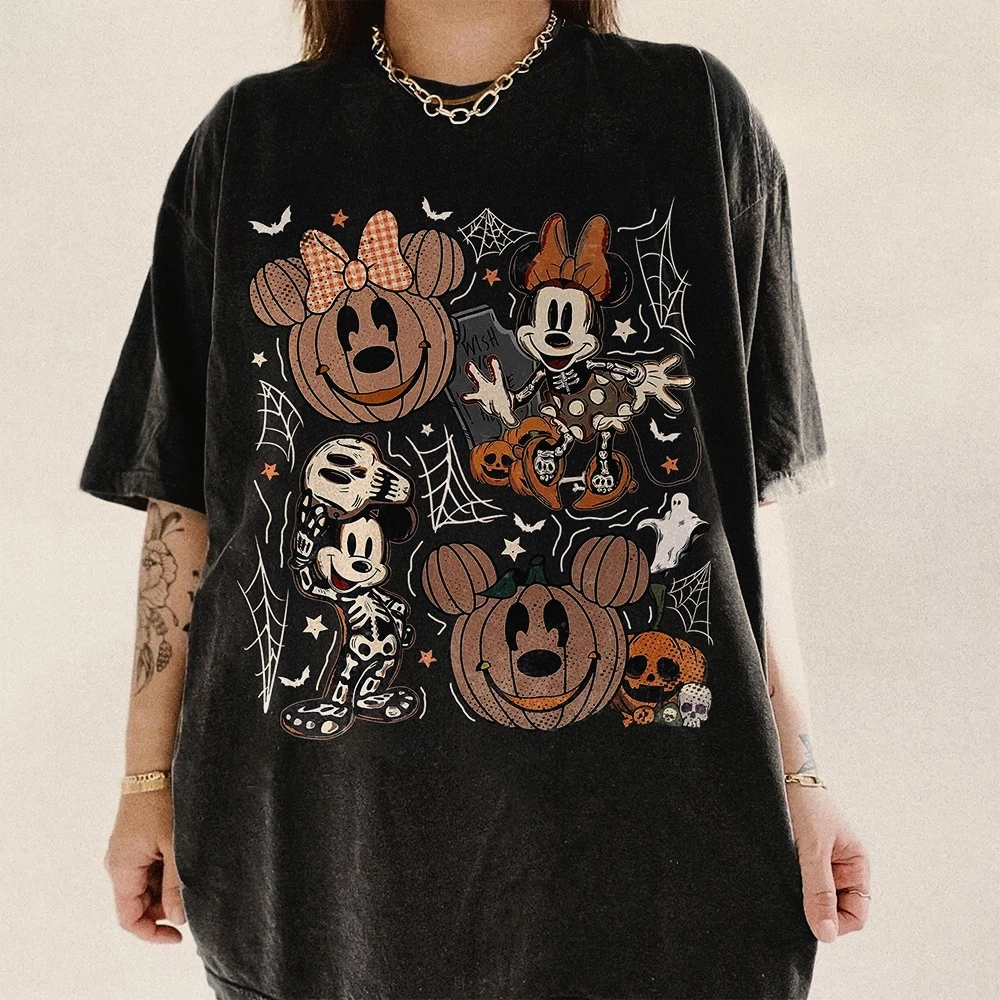 

Disney Comfort Colors Retro Mickey Minnie Halloween Pumpkin Shirt O-Neck Breathable Top Men Women Fashionable Couple T-Shirt ﻿