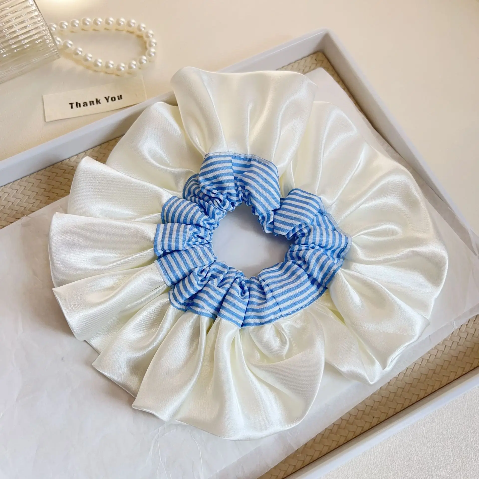 

1PC Large Blue White Striped Satin Large Intestine Headband For woman and Girls 2025 New Sweet Ladies Hair Accessories