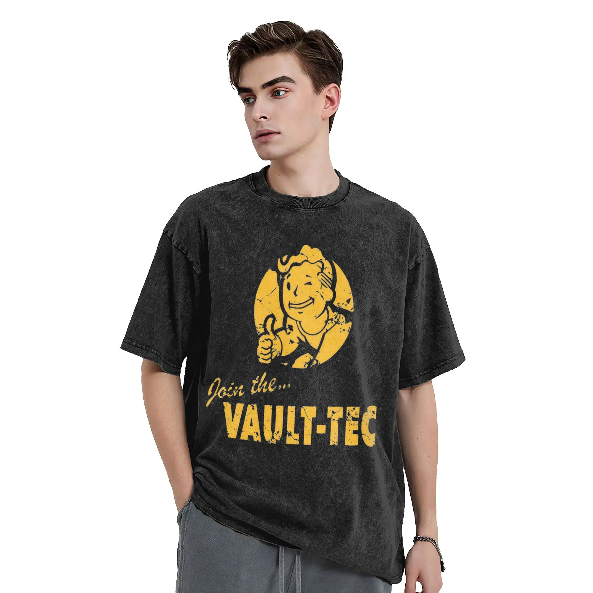 Washed T Shirt Join The Vaults Fallouts Tec Hip Hop Fashion T-Shirt Oversize Streetwear Cotton Printed Tops Tee Shirt for Men