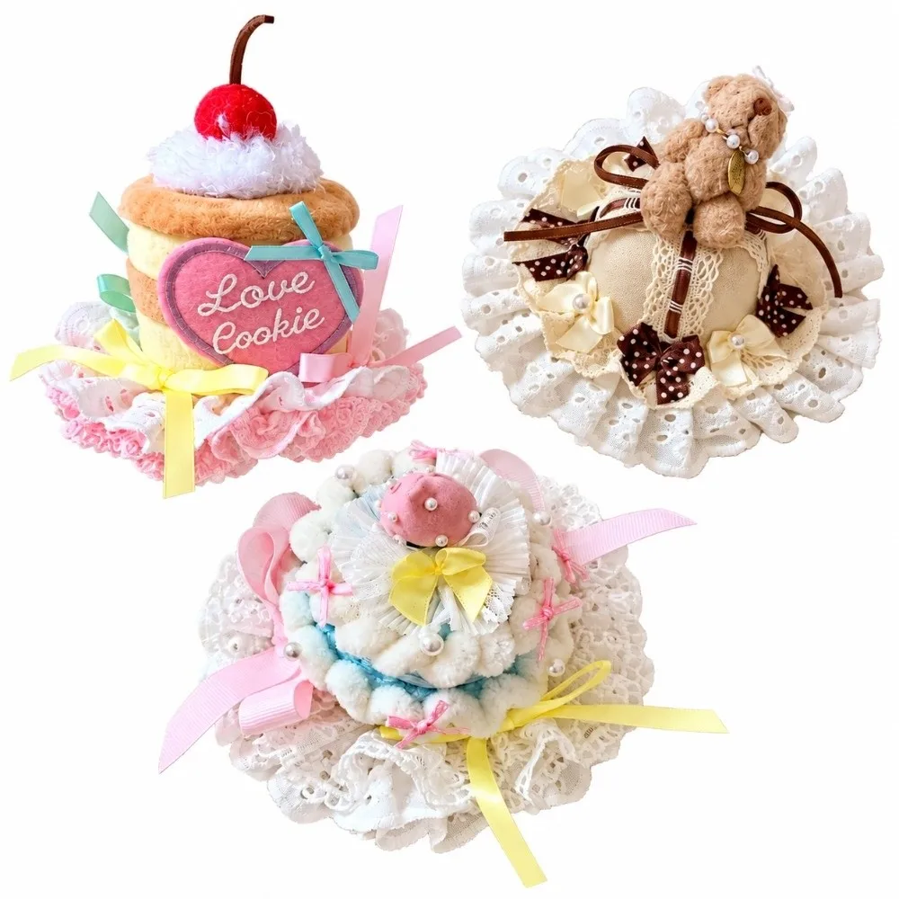 Lace Trim Cake Hat Hair Clip Bowknot Decor Birthday Party Headpiece Faux Pearl Cartoon Ornament Lolita Cake Hair Accessory
