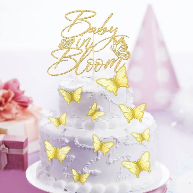 Gold Glitter Bloom Cake Topper Sparkling Paper Butterflies DIY Cupcake Decoration for Wedding Birthday Parties Cakeshop Supplies