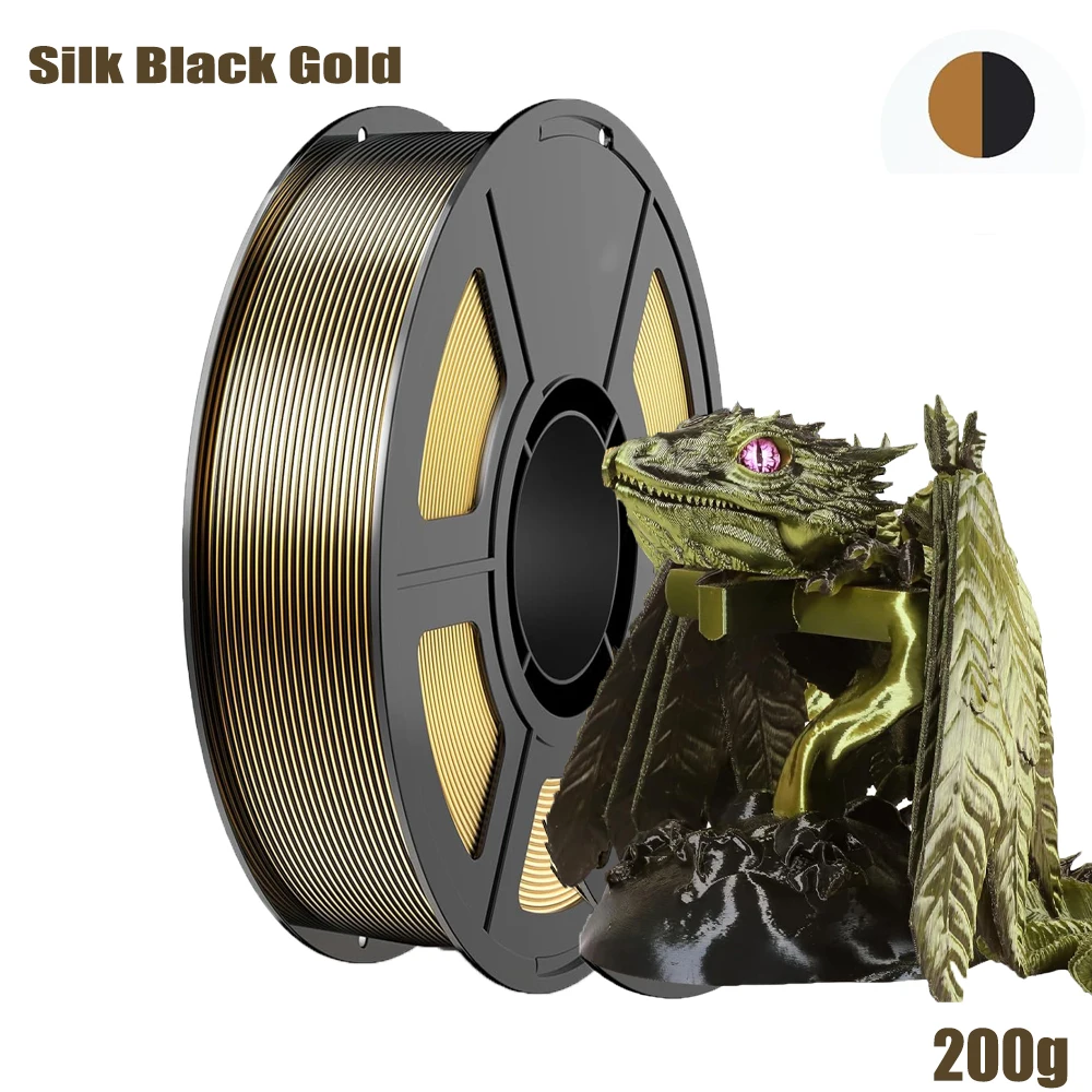 Silk Dual Color PLA Filament 3D Printer 1.75mm +/- 0.03mm, Bicolor Filament Two Tone PLA 200g/250g/500g/1000g Spool, Black Gold