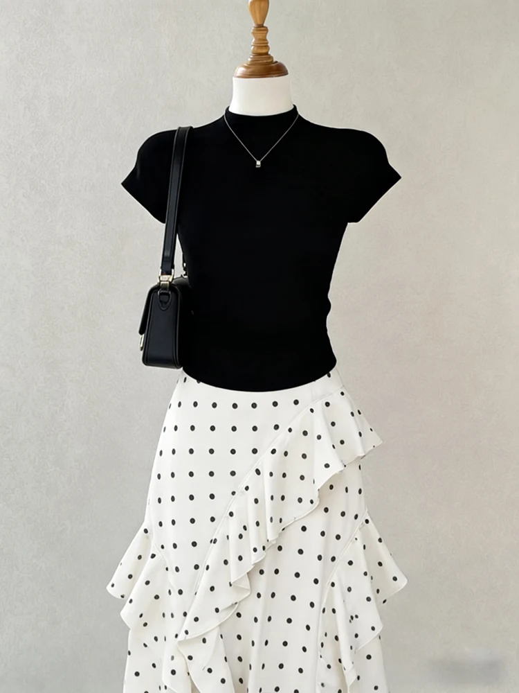 

Slimming Women's Fashion Set Short Sleeve T-Shirt And Polka Dot Skirt Two-Piece Suit Spring Summer Seasonal Wear