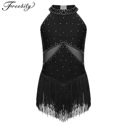 Kids Girls Latin Dance Leotard Dress Figure Skating Tango Cha-Cha Performance Costume Sleeveless Rhinestone Mesh Tassel Bodysuit