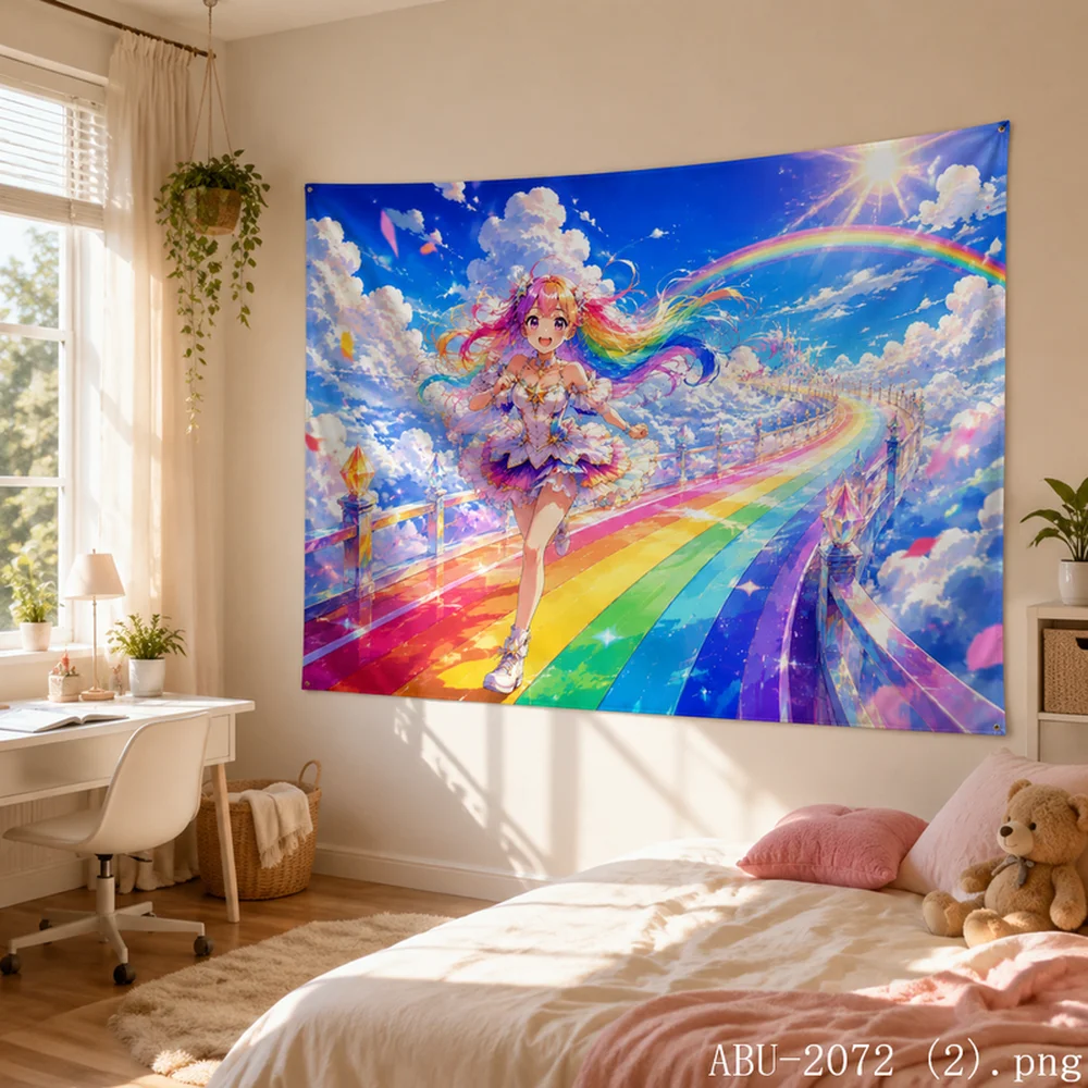 VIKAMA Galaxy Witch Tapestry – Anime Girl with Wizard Staff, Climbing Starry Staircase, Cosmic Fantasy Wall Art