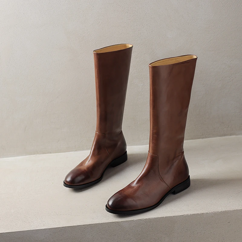 

Модные римские ботинки до середины икры из натуральной кожи на плоской подошве, стильная и удобная женская обувь