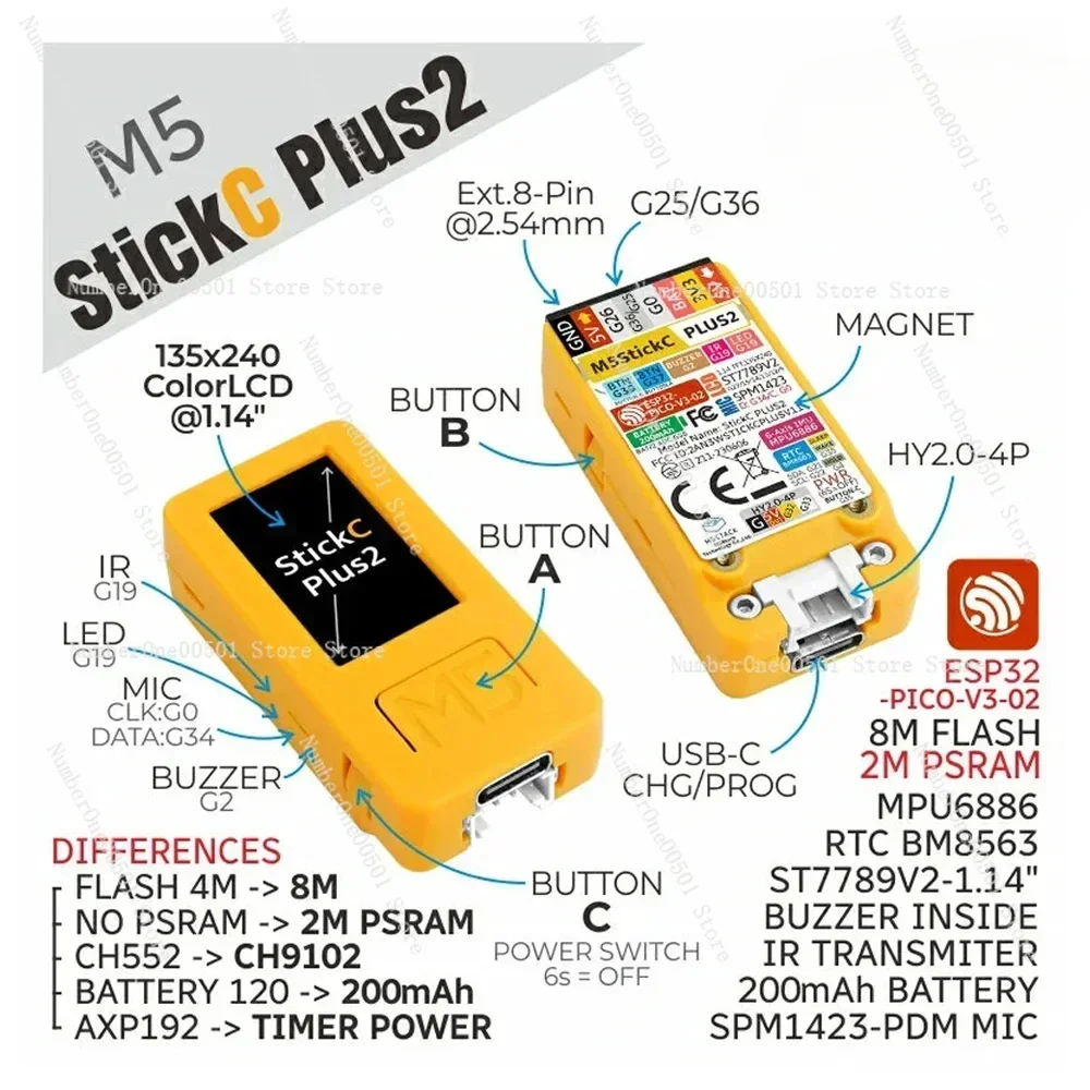M5StickC PLUS2 ESP32-PICO Mini IoT Development Kit IR and WiFi 1.14 Inch TFTScreen IoT Controller 1.5TB Wristwatch Set