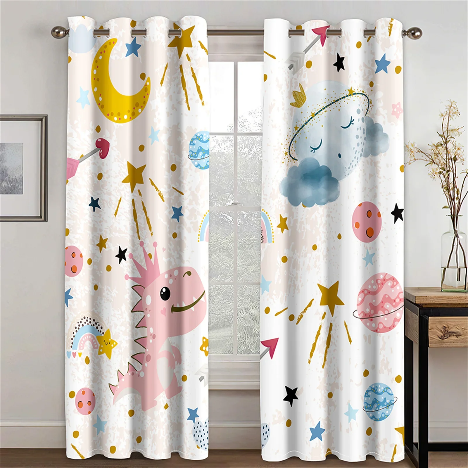 Kids Pink Cheap Cartoon Anime Dinosaur Free Shipping 2 Pieces Thin Children's Curtain for Living Room Bedroom Window Drape Decor