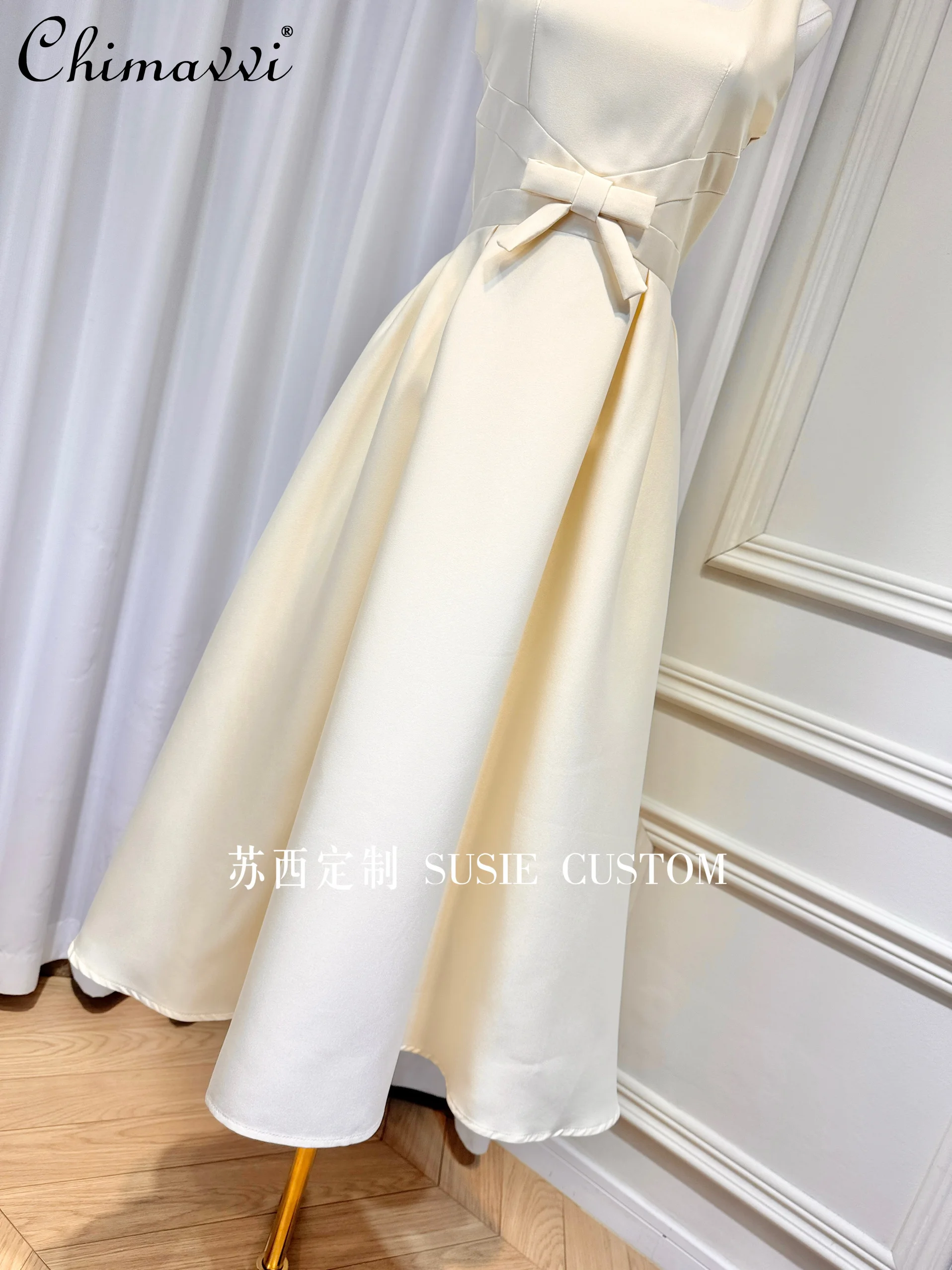 Princesa francesa elegante elegante pescoço quadrado arco cintura alta grande balanço vestido longo verão novo high-end vestido de festa de aniversário feminino