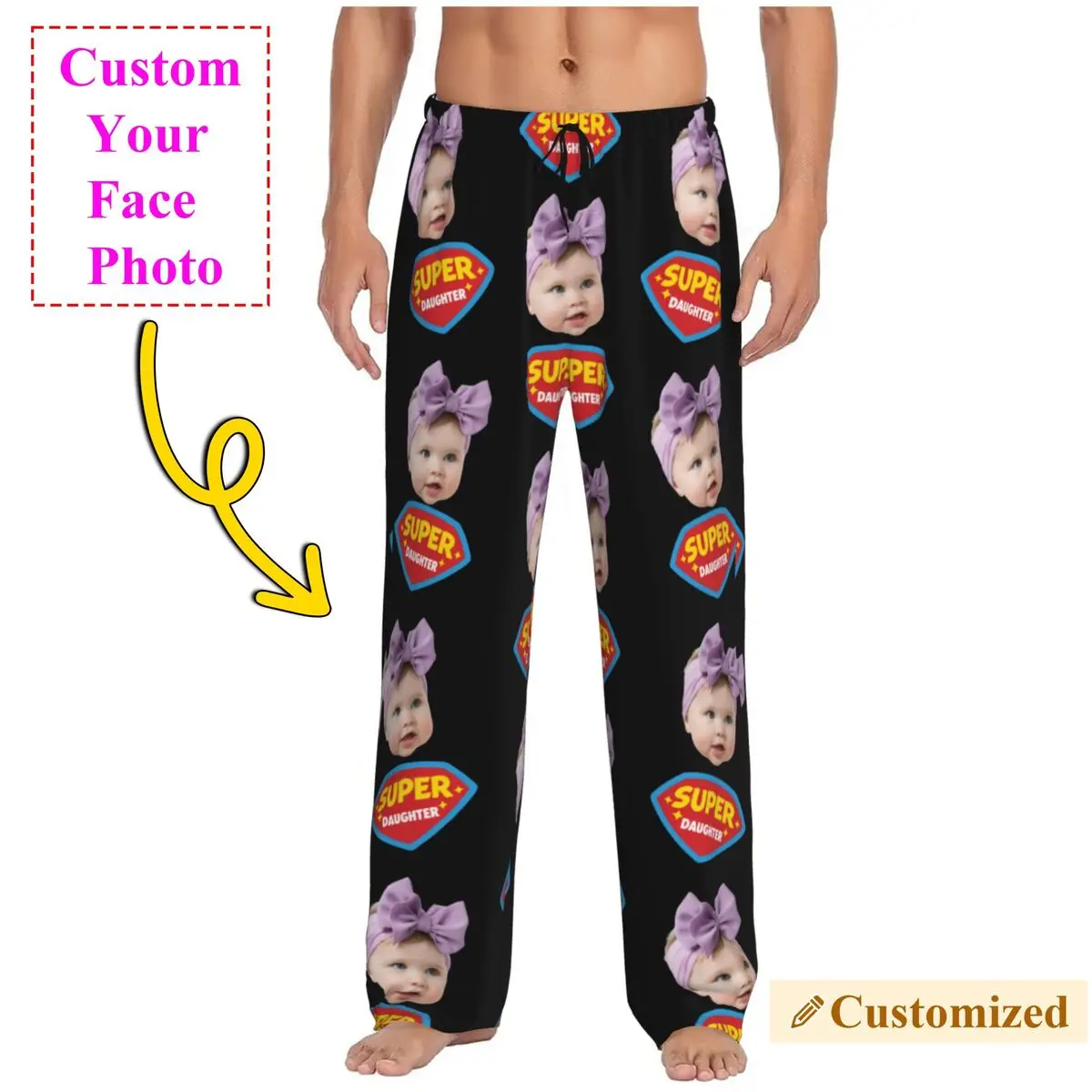 

Super Daugher Custom Pajama Pants Men Personalized Face Photo Design Sleep Sleepwear Bottoms with Pockets