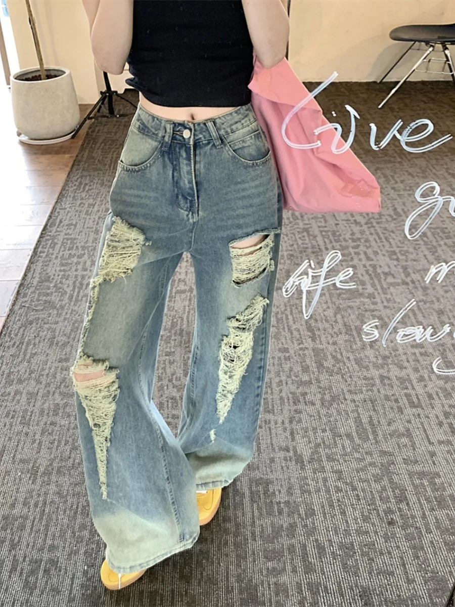กางเกงยีนส์ทรงขาบานสไตล์อเมริกันเรโทรสีน้ำเงิน รุ่นใหม่ประจำฤดูร้อนปี 2024 เอวสูง ทรงตรง ยาวคลุมเท้า สไตล์ไฮสตรีท