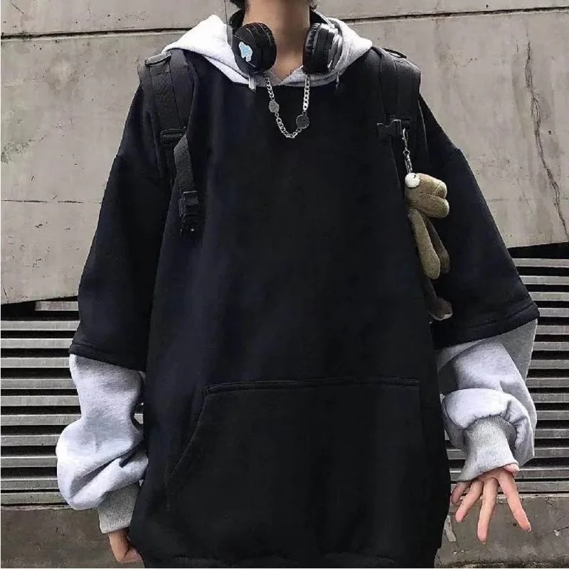 

Men's Black Oversize Hoodies Sweatshirts Long Sleeve Hip Hop Streetwear Casual Pullover Patchwork Hoodies Y2k Preppy Street Wear