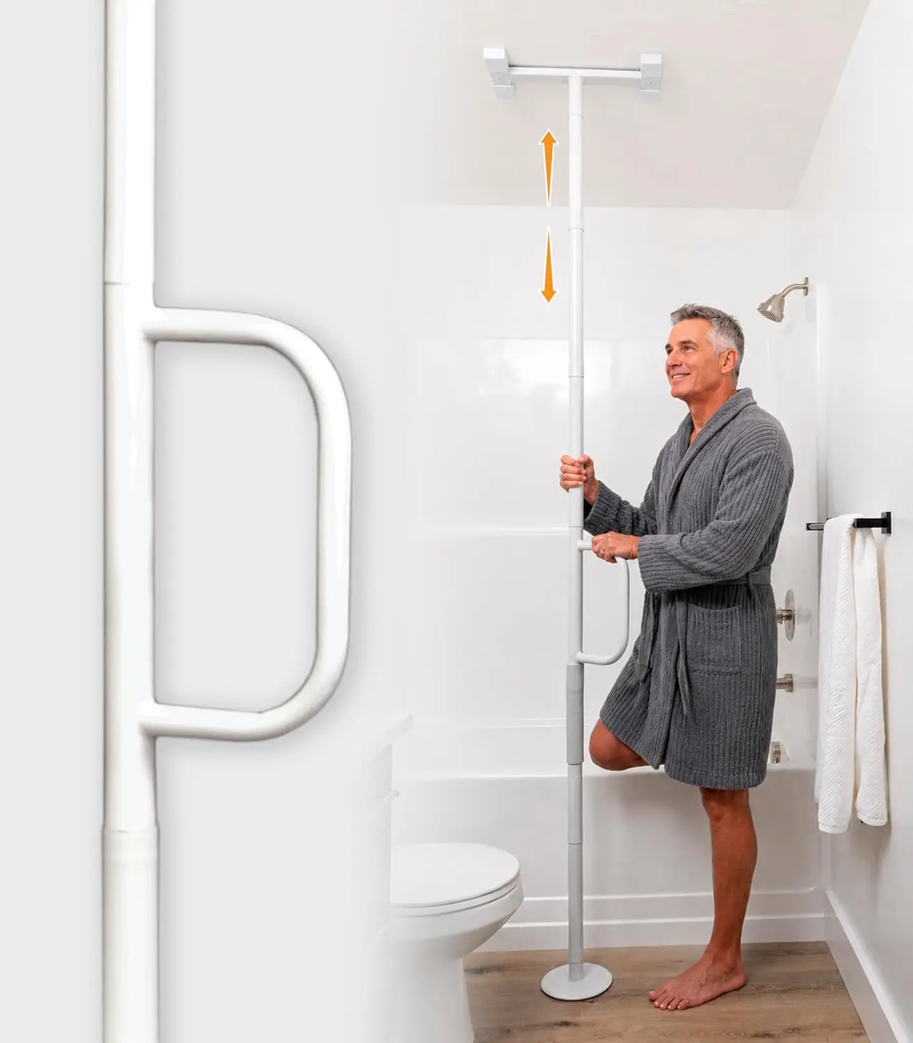 Single Handle Non-Rotating Floor to Ceiling Grab Bar, No-Drill Tension Mounted Transfer Pole for Seniors, Bath Safety
